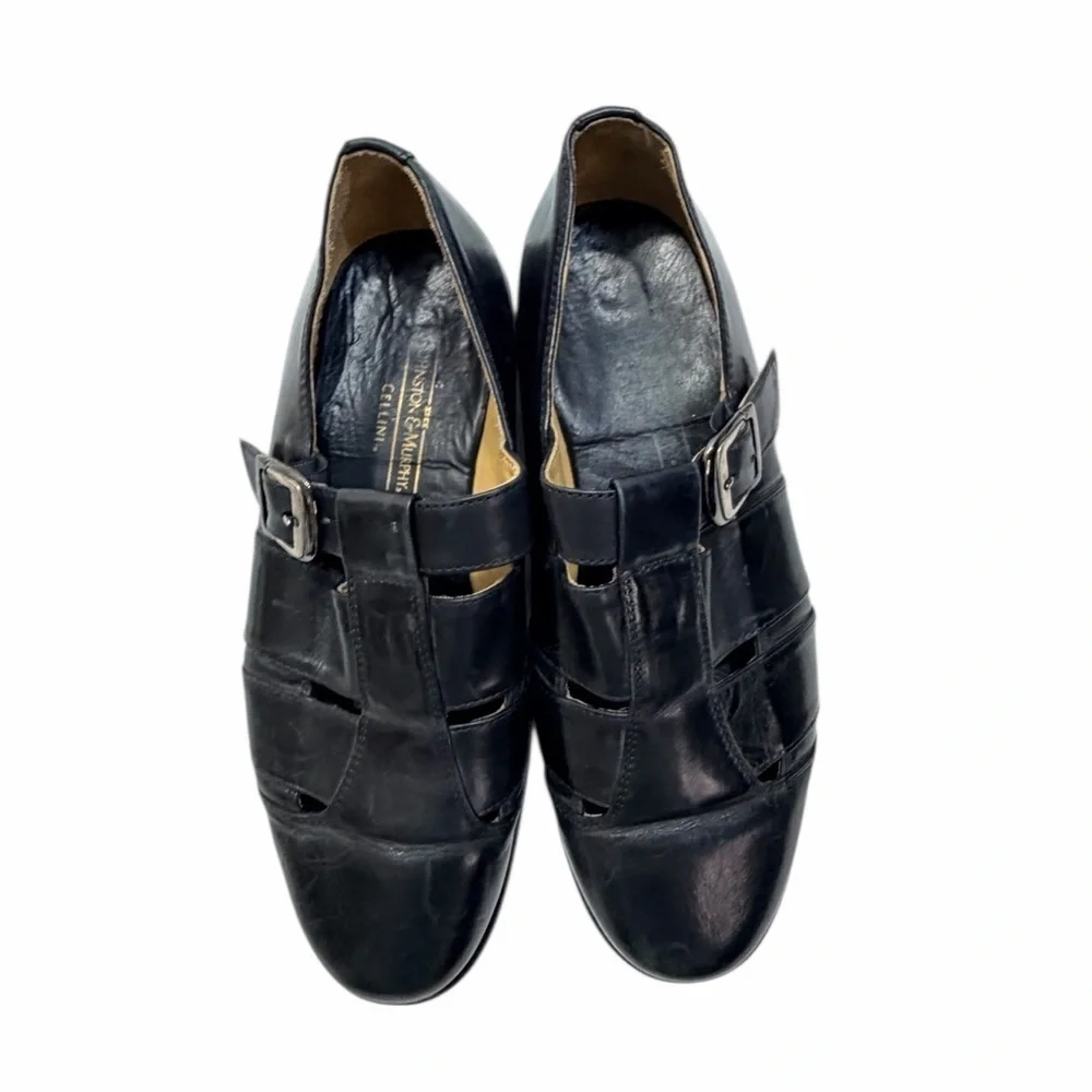 Johnston & Murphy Cellini Black Italian Leather Fisherman Buckle Shoes Size 10